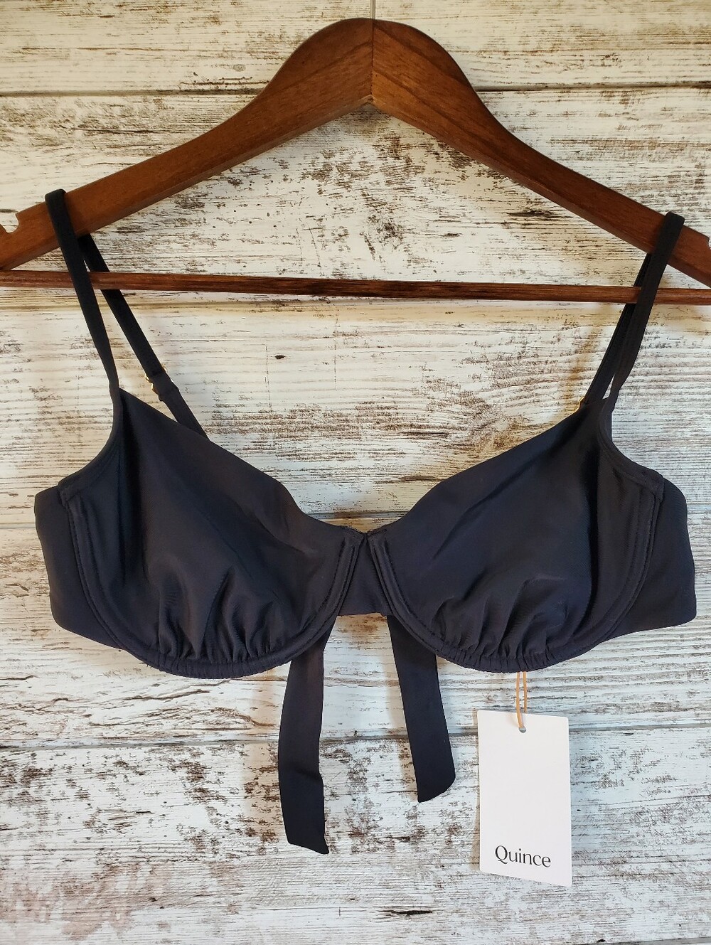 NWT Quince Black Italian Demi Underwire Bikini Top Tie Back Swim Seperate